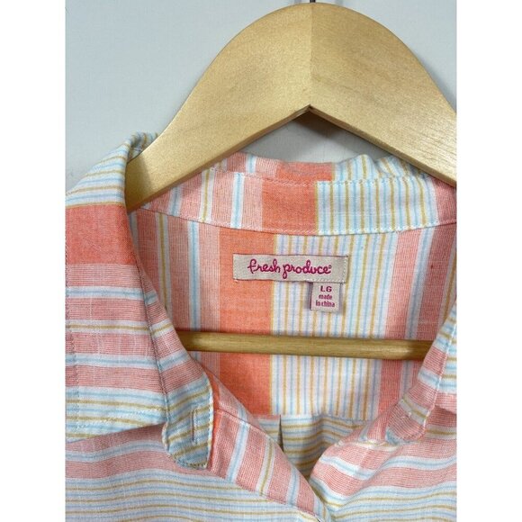 Fresh Produce Womens L White Blouse Button Down Long Sleeve Orange Striped Beach - Picture 6 of 10